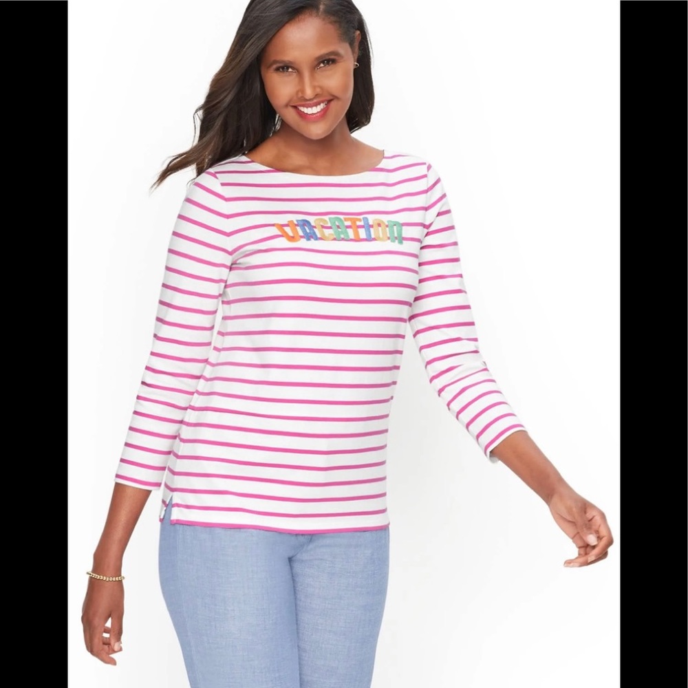 Talbots White Pink Striped Vacation Embroidered Knit  3/4 Sleeve Tee Like New - Picture 2 of 8